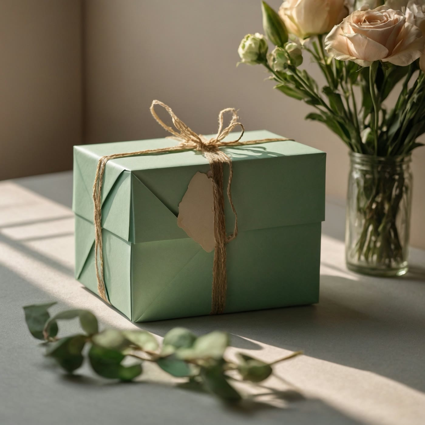 Cadeau in groen papier met touw en een tak rozen